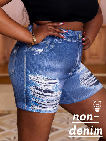 Plus-Size Women'S Shorts Imitation Jeans Printed Holes Design Casual Fashion Comfortable Summer Tight Hot Pants
