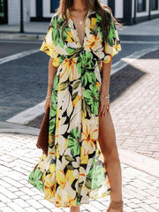 Elegant Women's Floral Print Deep V Neck Dress - Perfect for Summer Beach Vacations!