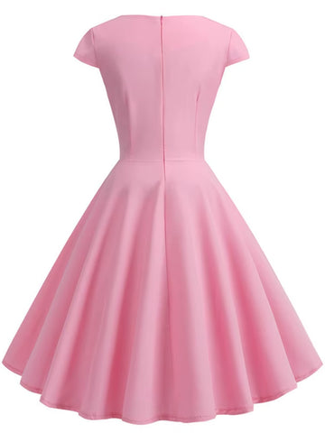 Elegant Vintage Pink Midi Dress for Women - V Neck Retro Party & Office Wear