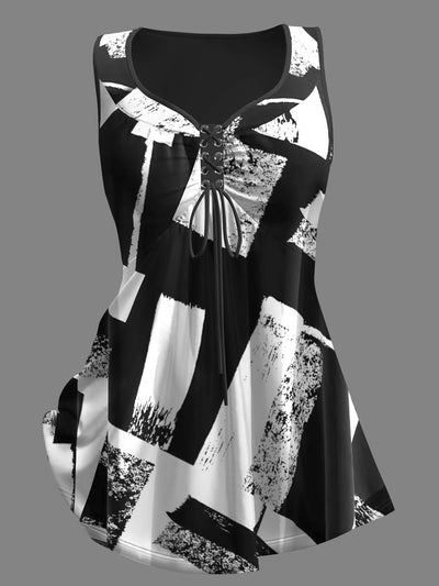 Women'S plus Size Tank Top Colorblock Curved Hem Casual Tank Top Summer Loose Soft Sleeveless Lace up V-Neck Fashion Tanks Tops