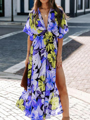 Elegant Women's Floral Print Deep V Neck Dress - Perfect for Summer Beach Vacations!