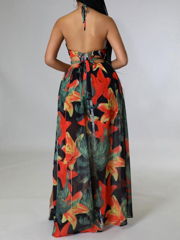 Floral Print Chain Decor Split Thigh Cami Maxi Dress - Perfect for Beach Holidays and Summer Vacations!