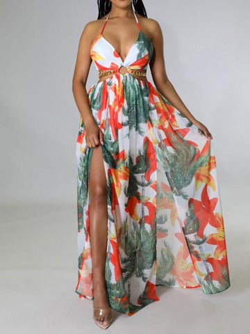 Floral Print Chain Decor Split Thigh Cami Maxi Dress - Perfect for Beach Holidays and Summer Vacations!
