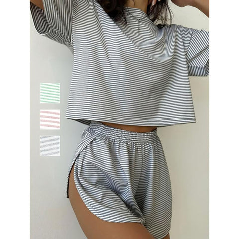 GABER SOTRE Comfy Short Sleeve Casual Stripe Print Lounge Set, round Neck Crop Top & Side Split Shorts, Women'S Loungewear for Fall/Winter