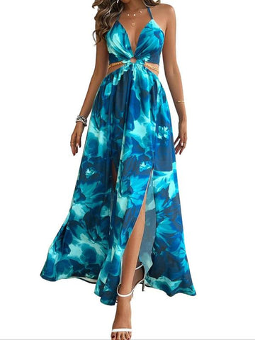 Floral Print Chain Decor Split Thigh Cami Maxi Dress - Perfect for Beach Holidays and Summer Vacations!