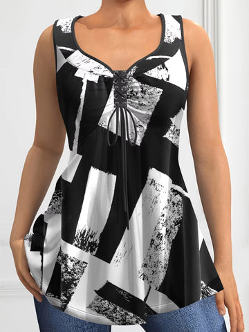 Women'S plus Size Tank Top Colorblock Curved Hem Casual Tank Top Summer Loose Soft Sleeveless Lace up V-Neck Fashion Tanks Tops