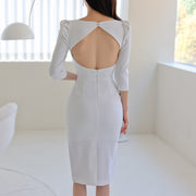 Chic White Square Neck Sheath Dress – Professional Elegance for the Office Lady