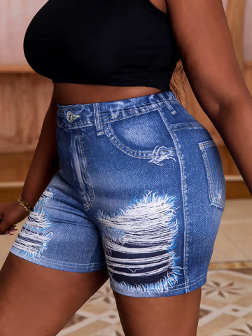 Plus-Size Women'S Shorts Imitation Jeans Printed Holes Design Casual Fashion Comfortable Summer Tight Hot Pants