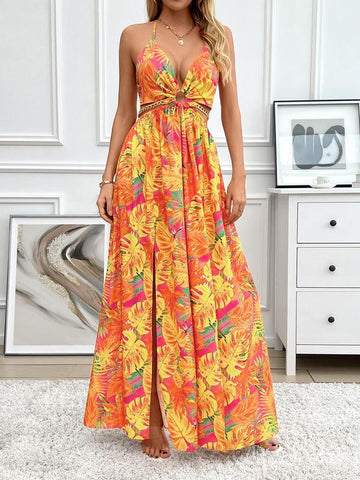 Floral Print Chain Decor Split Thigh Cami Maxi Dress - Perfect for Beach Holidays and Summer Vacations!