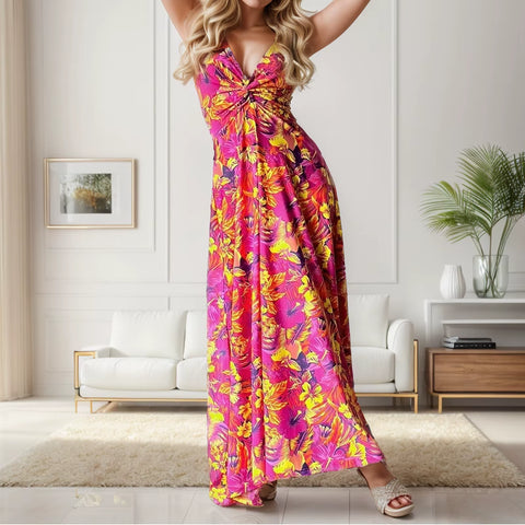 Dresses for Women Summer Casual plus Size Ladies Fashion Sexy V Neck Floral Print Elegance a Pendant Long Dress Ropa Para Mujer