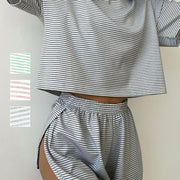 GABER SOTRE Comfy Short Sleeve Casual Stripe Print Lounge Set, round Neck Crop Top & Side Split Shorts, Women'S Loungewear for Fall/Winter