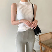 Women Solid off Shoulder T Shirt Sleeveless Tank Tops Knitted Semi Turtleneck Slim Female Tops Women Tees 2024 Summer