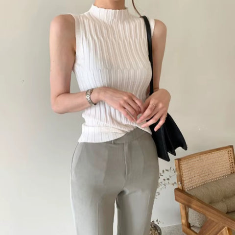 Women Solid off Shoulder T Shirt Sleeveless Tank Tops Knitted Semi Turtleneck Slim Female Tops Women Tees 2024 Summer