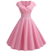 Elegant Vintage Pink Midi Dress for Women - V Neck Retro Party & Office Wear