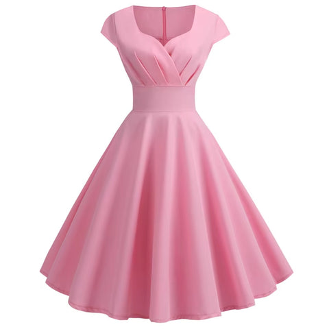Elegant Vintage Pink Midi Dress for Women - V Neck Retro Party & Office Wear