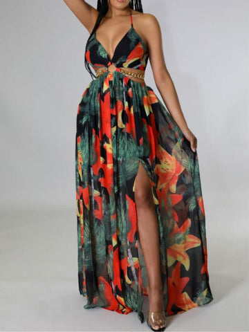 Floral Print Chain Decor Split Thigh Cami Maxi Dress - Perfect for Beach Holidays and Summer Vacations!