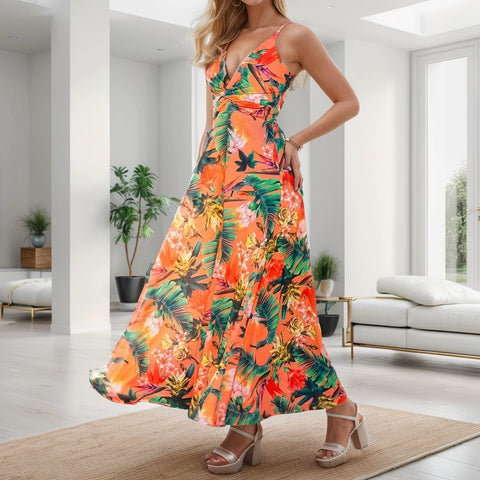 Dresses for Women Summer Casual plus Size Ladies Fashion Sexy V Neck Floral Print Elegance a Pendant Long Dress Ropa Para Mujer