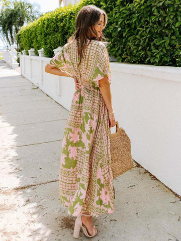 Elegant Women's Floral Print Deep V Neck Dress - Perfect for Summer Beach Vacations!