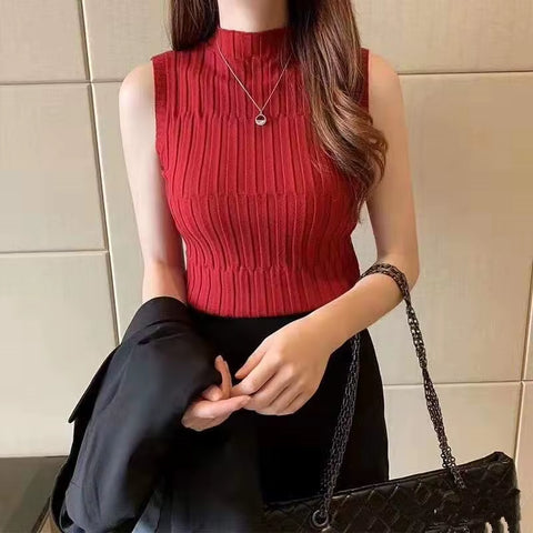 Women Solid off Shoulder T Shirt Sleeveless Tank Tops Knitted Semi Turtleneck Slim Female Tops Women Tees 2024 Summer