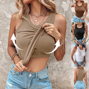 Women's Sleeveless Round Neck Vest with Built-In Bra – Summer Solid Color Essential