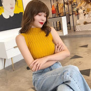 Women Solid off Shoulder T Shirt Sleeveless Tank Tops Knitted Semi Turtleneck Slim Female Tops Women Tees 2024 Summer