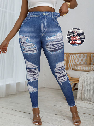 Plus Size Women'S Tight Leggings Imitation Denim Print Ripped Pattern High Elastic Sports Pants Comfortable Casual Fashionable Knitted Pants