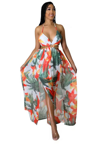 Floral Print Chain Decor Split Thigh Cami Maxi Dress - Perfect for Beach Holidays and Summer Vacations!