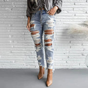 Fashion Streetwear Holes Jeans Women Summer New Mid High Waist Distressed Ripped Denim Pants Stylish American Style Jeans Pants