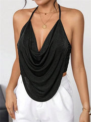 Sexy Draped Front Backless Crop Halter Top Women Summer 2025 Black Sleeveless Backless Cami Top Streetwear Party Clubwear