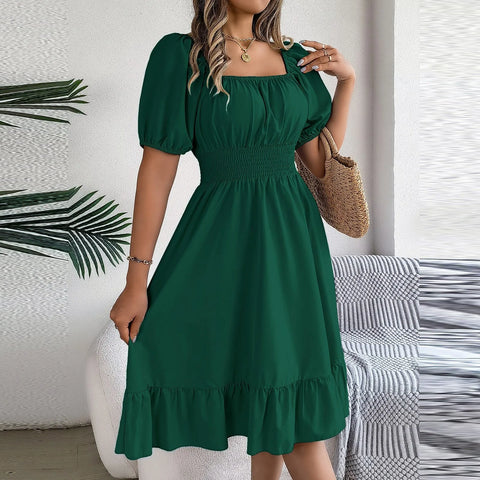 Elegant Women Spring Summer Dress Square Neck Puff Sleeve a Line Vestidos Square Neck Tie Waist Ruched Casual Solid Long Dress