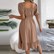 Elegant Women Spring Summer Dress Square Neck Puff Sleeve a Line Vestidos Square Neck Tie Waist Ruched Casual Solid Long Dress