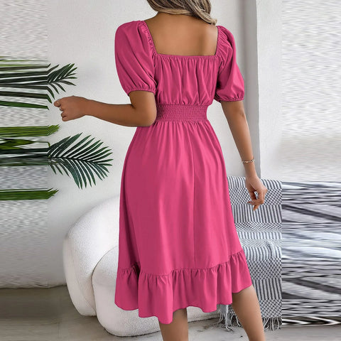 Elegant Women Spring Summer Dress Square Neck Puff Sleeve a Line Vestidos Square Neck Tie Waist Ruched Casual Solid Long Dress