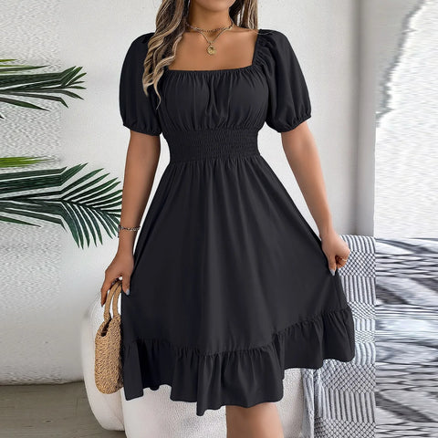 Elegant Women Spring Summer Dress Square Neck Puff Sleeve a Line Vestidos Square Neck Tie Waist Ruched Casual Solid Long Dress