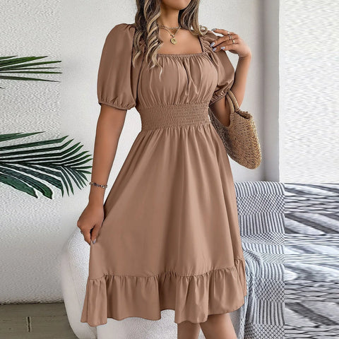 Elegant Women Spring Summer Dress Square Neck Puff Sleeve a Line Vestidos Square Neck Tie Waist Ruched Casual Solid Long Dress
