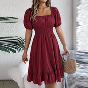 Elegant Women Spring Summer Dress Square Neck Puff Sleeve a Line Vestidos Square Neck Tie Waist Ruched Casual Solid Long Dress