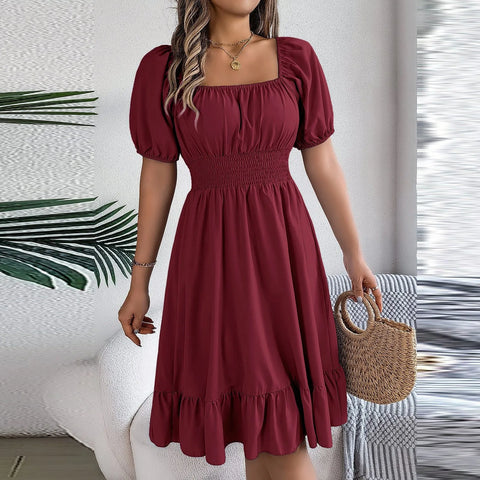 Elegant Women Spring Summer Dress Square Neck Puff Sleeve a Line Vestidos Square Neck Tie Waist Ruched Casual Solid Long Dress