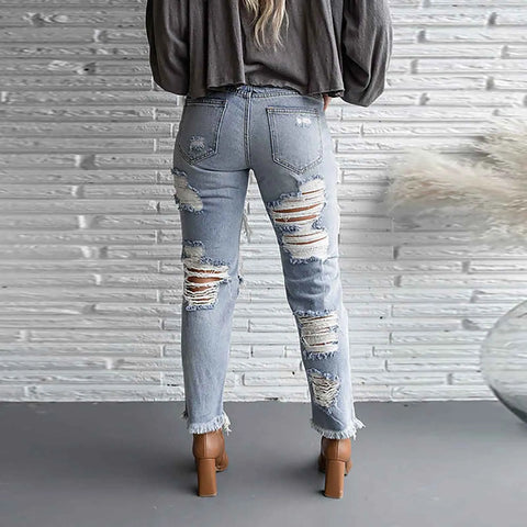 Fashion Streetwear Holes Jeans Women Summer New Mid High Waist Distressed Ripped Denim Pants Stylish American Style Jeans Pants