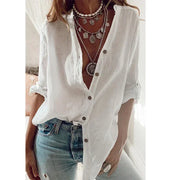 Summer Women'S Cotton Linen Shirt Fashion Solid Color Casual Loose Button V-Neck Long Sleeve Top Commuter Wear