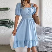 Elegant Women Spring Summer Dress Square Neck Puff Sleeve a Line Vestidos Square Neck Tie Waist Ruched Casual Solid Long Dress