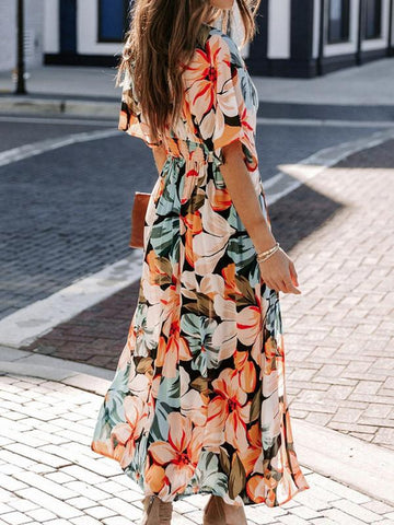 Elegant Women's Floral Print Deep V Neck Dress - Perfect for Summer Beach Vacations!