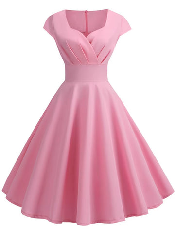 Elegant Vintage Pink Midi Dress for Women - V Neck Retro Party & Office Wear