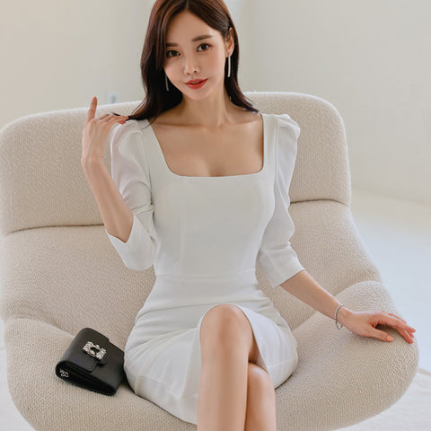 Chic White Square Neck Sheath Dress – Professional Elegance for the Office Lady