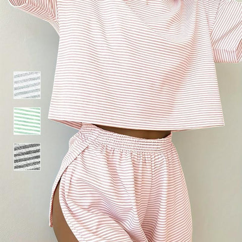 GABER SOTRE Comfy Short Sleeve Casual Stripe Print Lounge Set, round Neck Crop Top & Side Split Shorts, Women'S Loungewear for Fall/Winter