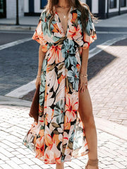 Elegant Women's Floral Print Deep V Neck Dress - Perfect for Summer Beach Vacations!
