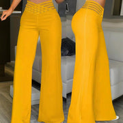 Women's High Waist Mesh Patchwork Pants – Elegant Cross Detail & Chic Solid Color