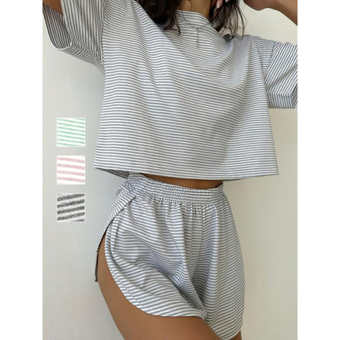 GABER SOTRE Comfy Short Sleeve Casual Stripe Print Lounge Set, round Neck Crop Top & Side Split Shorts, Women'S Loungewear for Fall/Winter