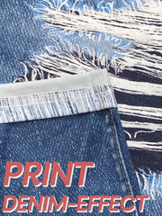 Plus Size Women'S Tight Leggings Imitation Denim Print Ripped Pattern High Elastic Sports Pants Comfortable Casual Fashionable Knitted Pants