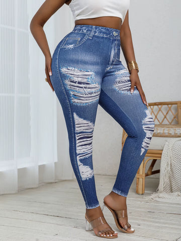 Plus Size Women'S Tight Leggings Imitation Denim Print Ripped Pattern High Elastic Sports Pants Comfortable Casual Fashionable Knitted Pants