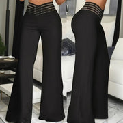 Women's High Waist Mesh Patchwork Pants – Elegant Cross Detail & Chic Solid Color