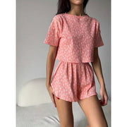 GABER SOTRE Comfy Short Sleeve Casual Stripe Print Lounge Set, round Neck Crop Top & Side Split Shorts, Women'S Loungewear for Fall/Winter